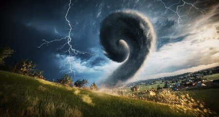 Powerful tornado approaching a rural landscape during a dramatic thunderstorm with lightning strikes.