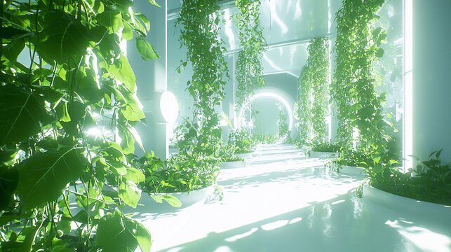 Futuristic indoor garden with vibrant green plants and white architecture.