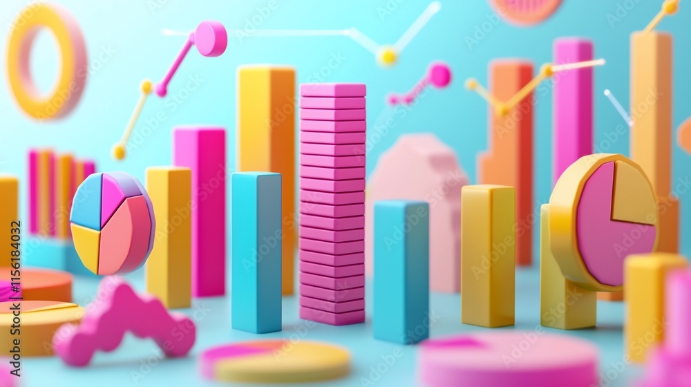 Poster colorful 3d data visualization with bar charts, pie charts, and graphs.