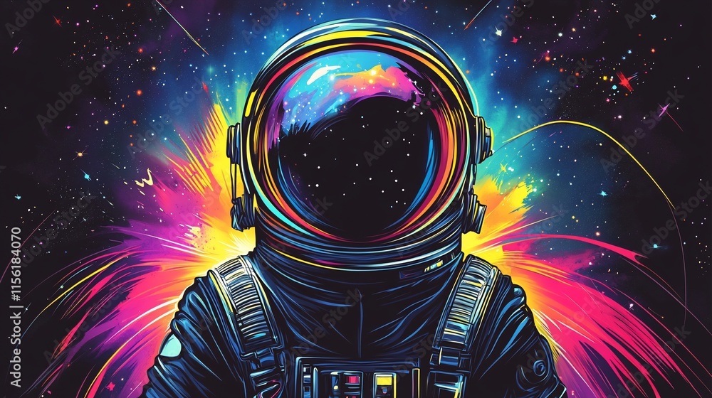 Poster vibrant colorful astronaut illustration in space.