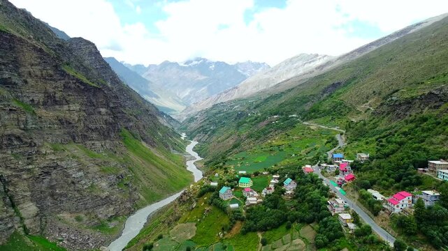 An aerial view of beautiful himalayan mountains in the evening and chenab river at Shuiling, 
Leh Manali Highway lahaul himachal pradesh, India.