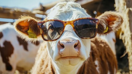 Obraz premium Dairy cow, with sunglasses generative ai