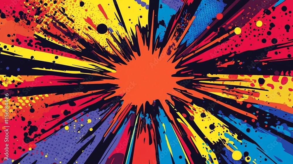 Poster Abstract vibrant color explosion with radial lines and splatters.