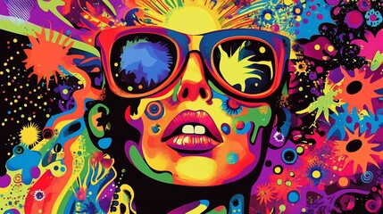 Vibrant colorful abstract portrait of a woman wearing sunglasses.