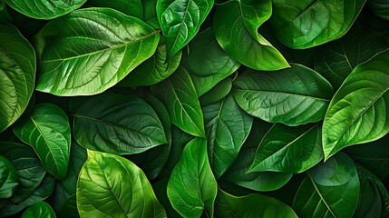 Tropical green leaves background. Flat lay, top view
