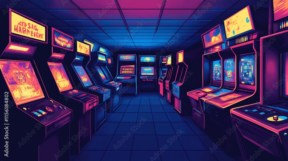 Poster retro arcade interior with multiple classic video game machines.