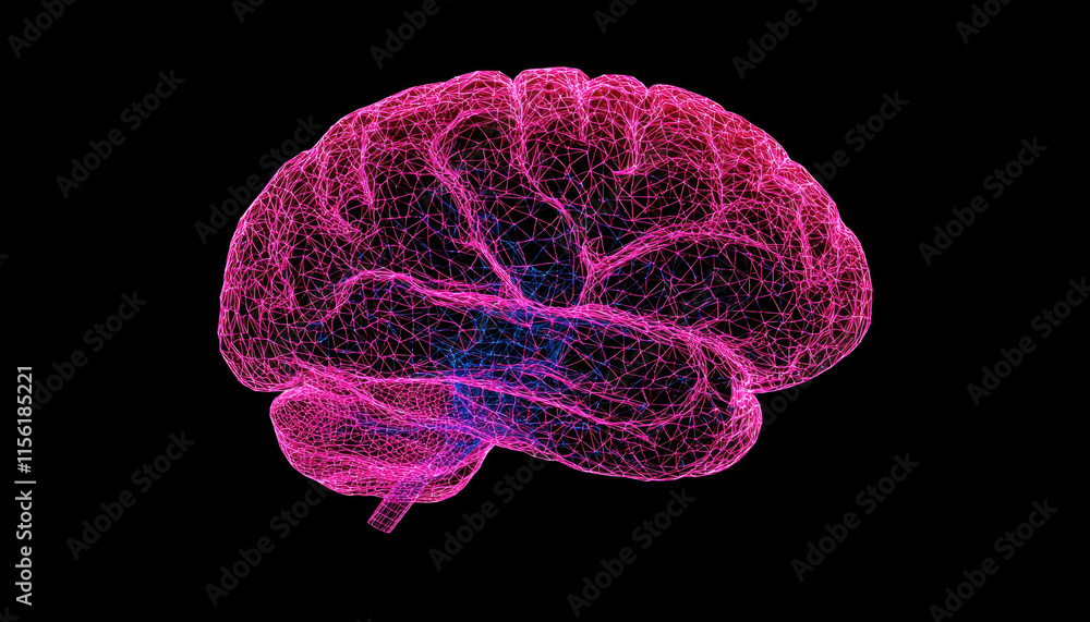 Poster neurotechnology brain computer interfaces. 3d rendering of a vibrant, neon pink brain on a dark back
