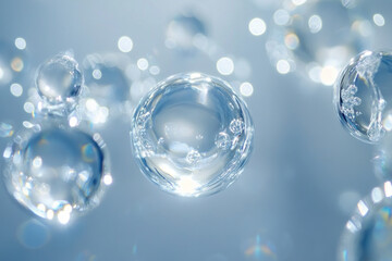 Water bubbles float gracefully against a vibrant blue background, creating a mesmerizing and tranquil scene.