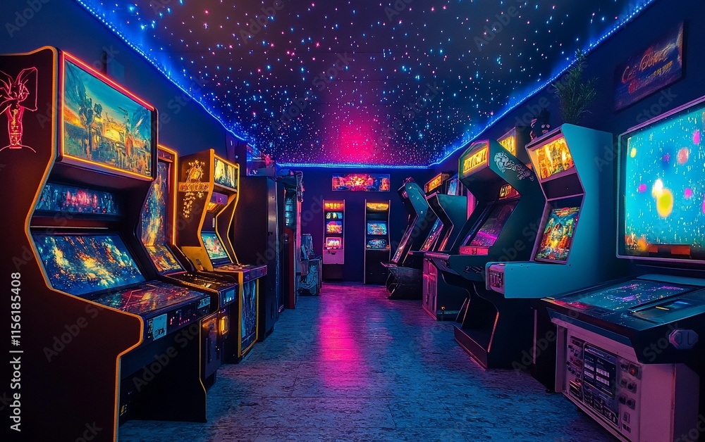 Poster retro arcade game room with neon lights and various classic arcade machines.