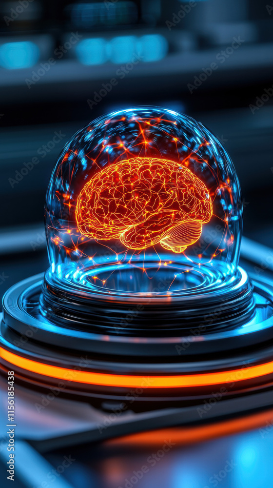 Poster neurotechnology brain computer interfaces. illuminated brain model in a glass dome on a futuristic b