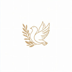 Obraz premium Vector logo of a dove holding an olive branch in its beak with a subtle halo above, isolated on white background