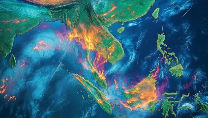 Satellite view of Southeast Asia with numerous wildfires burning.