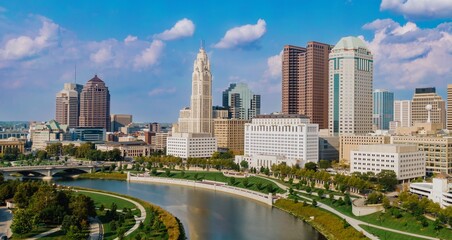 High-angle view of downtown Indianapolis, Indiana, showcasing the city's skyline, including the...