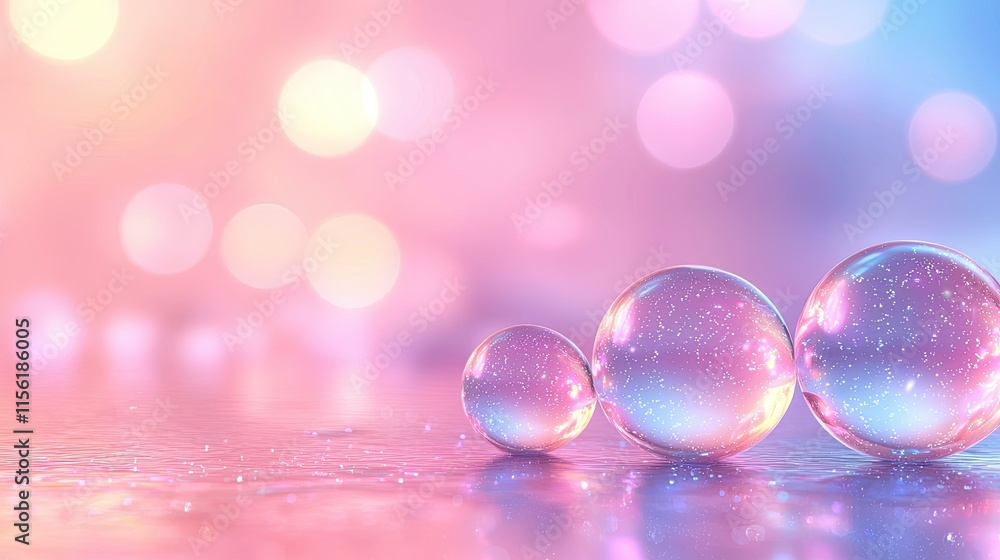 Poster colorful bubbles on a reflective surface with a soft, dreamy background.