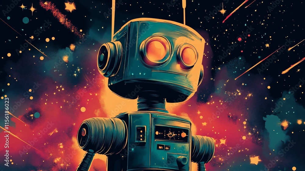 Aufkleber retro robot in vibrant space nebula.