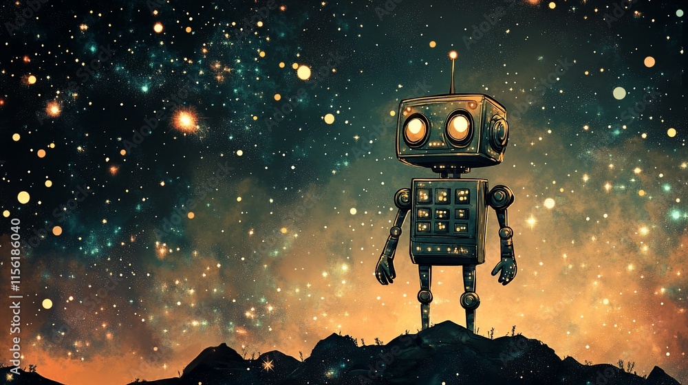 Aufkleber Retro robot standing on a hilltop under a starry night sky.