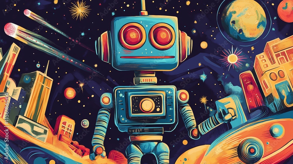 Poster Retro robot exploring a vibrant, futuristic cityscape in outer space.