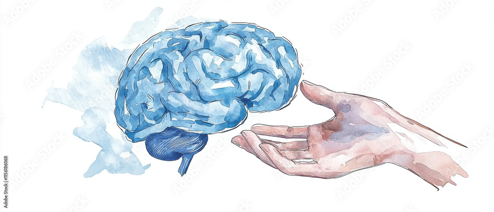 Poster neurotechnology brain computer interfaces. a hand reaching towards a blue watercolor brain symbolizi