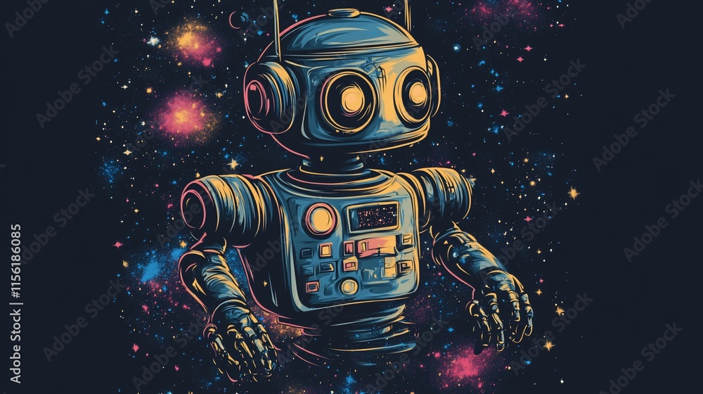 Poster Retro robot floats in colorful nebula, stars, and galaxies.