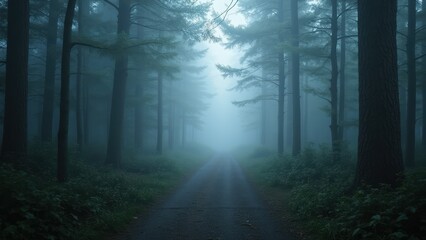 Obraz premium Mystical Forest Road: Foggy Path Through Evergreen Woods