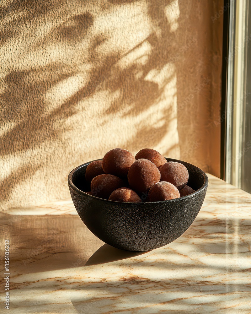 Poster a bowl of round, dark objects sits on a marble surface, illuminated by soft shadows.