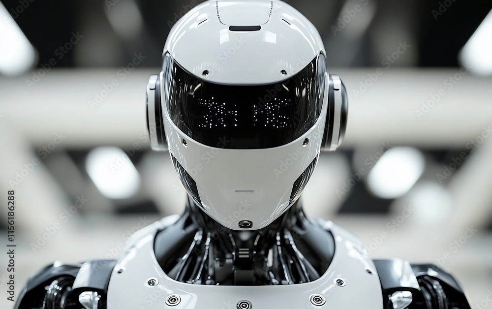 Poster close-up of a futuristic robot's head, displaying digital data on its visor.