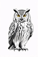 Obraz premium Intricate Black and White Owl Sketch Featuring Majestic Eyes and Feather Detailing