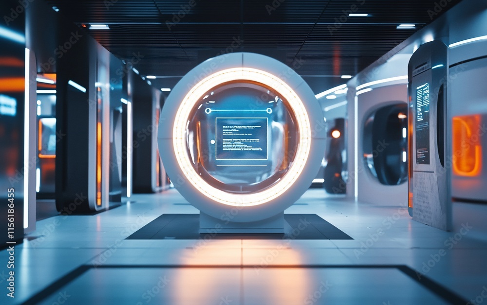 Poster Futuristic hallway with illuminated circular portal and digital display.