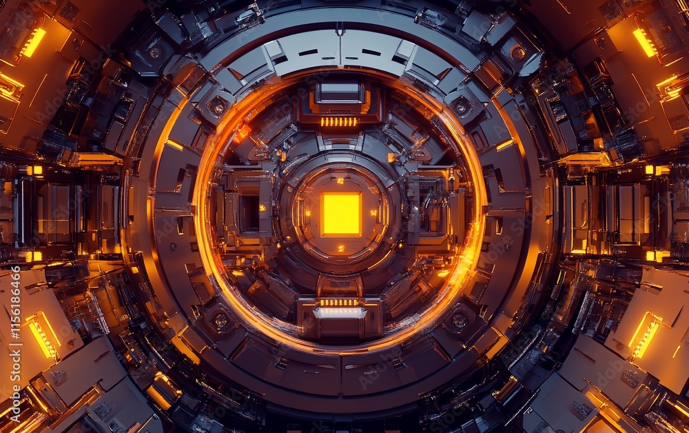 Poster abstract futuristic metallic circular technology glowing orange core.