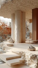 Chic Minimalist Home Interior: Modern Living Room with Stylish Cabinet and Stone Sculpture