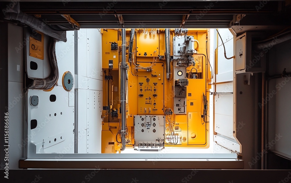 Poster Overhead view of complex machinery with yellow and white components.