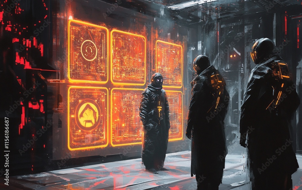 Poster futuristic scene with two figures in dark coats observing a glowing, gridded interface.