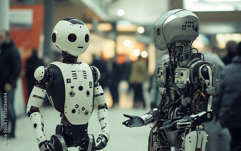 Poster Two robots conversing in a blurred public space, showcasing futuristic technology and artificial intelligence.