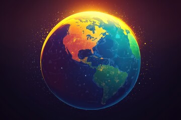 Fototapeta premium Vibrant Digital Earth Render with Luminous Atmosphere and Varied Topography, Emphasizing Landmasses, Oceans, and Global Connectivity in a Stunning Visual Presentation