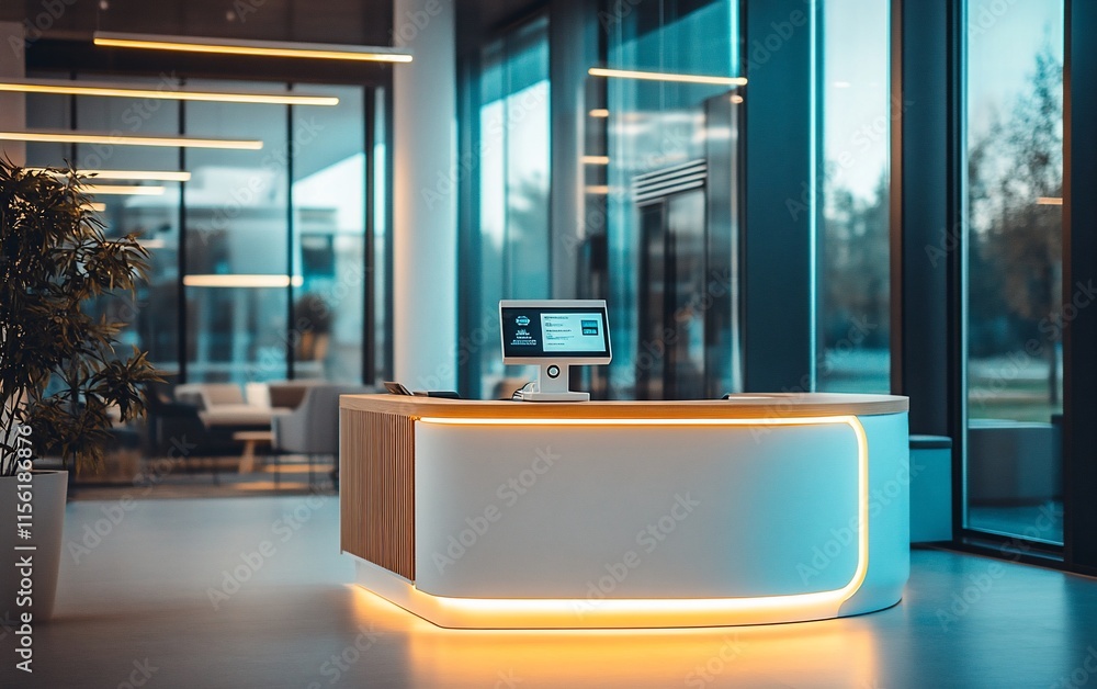 Poster modern office reception desk with glowing base and computer.
