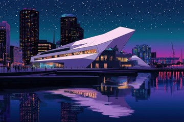 Fototapeta premium Vibrant Evening Cityscape Featuring Modern Architecture and Reflected Lights Under a Starry Sky in a Serene Waterfront Setting