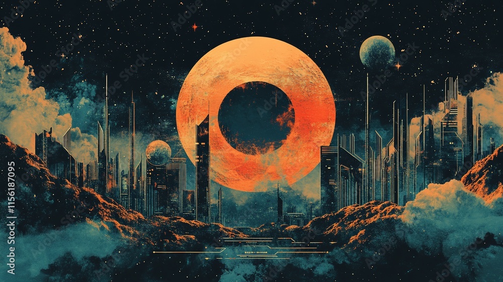 Poster futuristic city skyline at night with large orange planet and smaller moon in space.