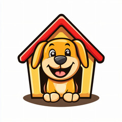 vector logo of a cheerful dog house with a smiling dog peeking out, isolated on white background