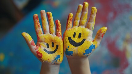 Two hands covered in bright yellow paint with smiley faces convey joy and artistic expression against a vivid and multicolored background.