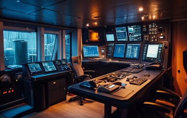 Modern ship bridge control room with multiple monitors, consoles, and navigational equipment.