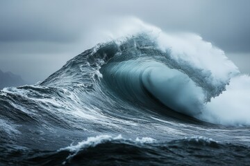 Immense ocean wave curling, crashing, powerful, dramatic, dark, moody, grey sky, water.