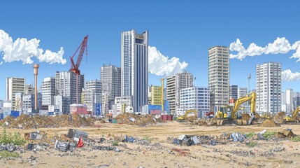 Fototapeta premium A vibrant city skyline under a clear blue sky, showcasing construction cranes, modern buildings, and a foreground of cleared land.