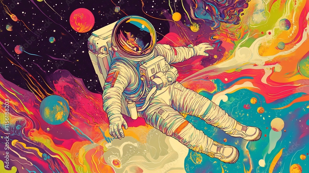 Poster astronaut floats in vibrant, psychedelic space scene with swirling colors and planets.