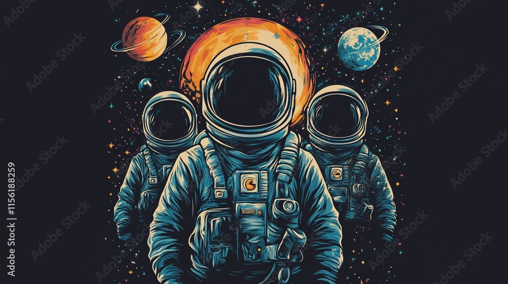Poster three astronauts in space suits against a backdrop of planets and stars.