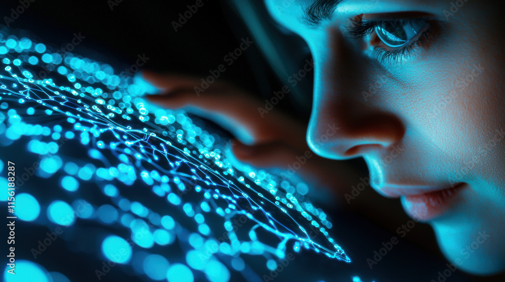 Poster neurotechnology brain computer interfaces. a woman gazes intently at a glowing digital interface fil