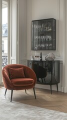 Chic Minimalist Home Interior: Modern Living Room with Stylish Cabinet and Stone Sculpture