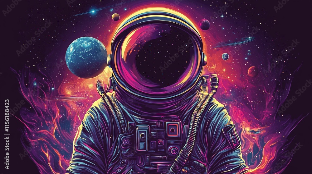 Poster astronaut in vibrant cosmic scene with planets and nebula.