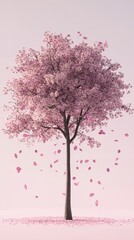 Obraz premium Elegant Cherry Blossom Tree with Falling Petals, Minimalist Spring Scene, Ideal for Nature Photography, Seasonal Art, Wedding Decor, Meditation Themes, or Tranquil Backgrounds