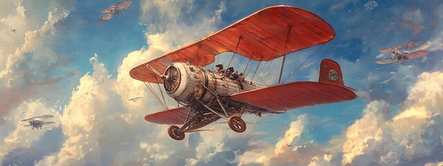 Vintage biplane flying through fluffy clouds, passengers enjoying the aerial view.