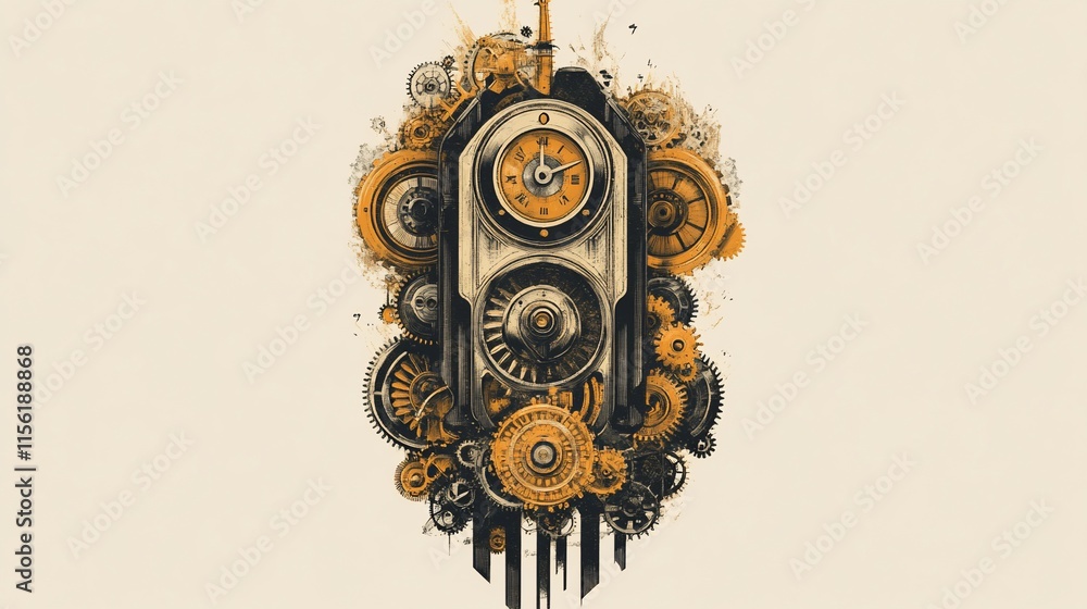 Poster Steampunk clockwork mechanism design with gears, cogs, and clock face.